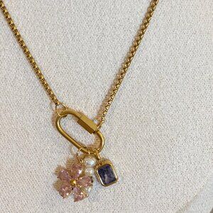 18K Gold Plated Chain with Flower,Pearl and Gem Pendants Stainless Steel